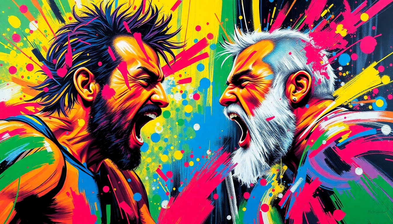 An extreme close-up of two wrestling figures colliding in a blur of neon paint splatters, capturing the raw energy and intensity of their confrontation.