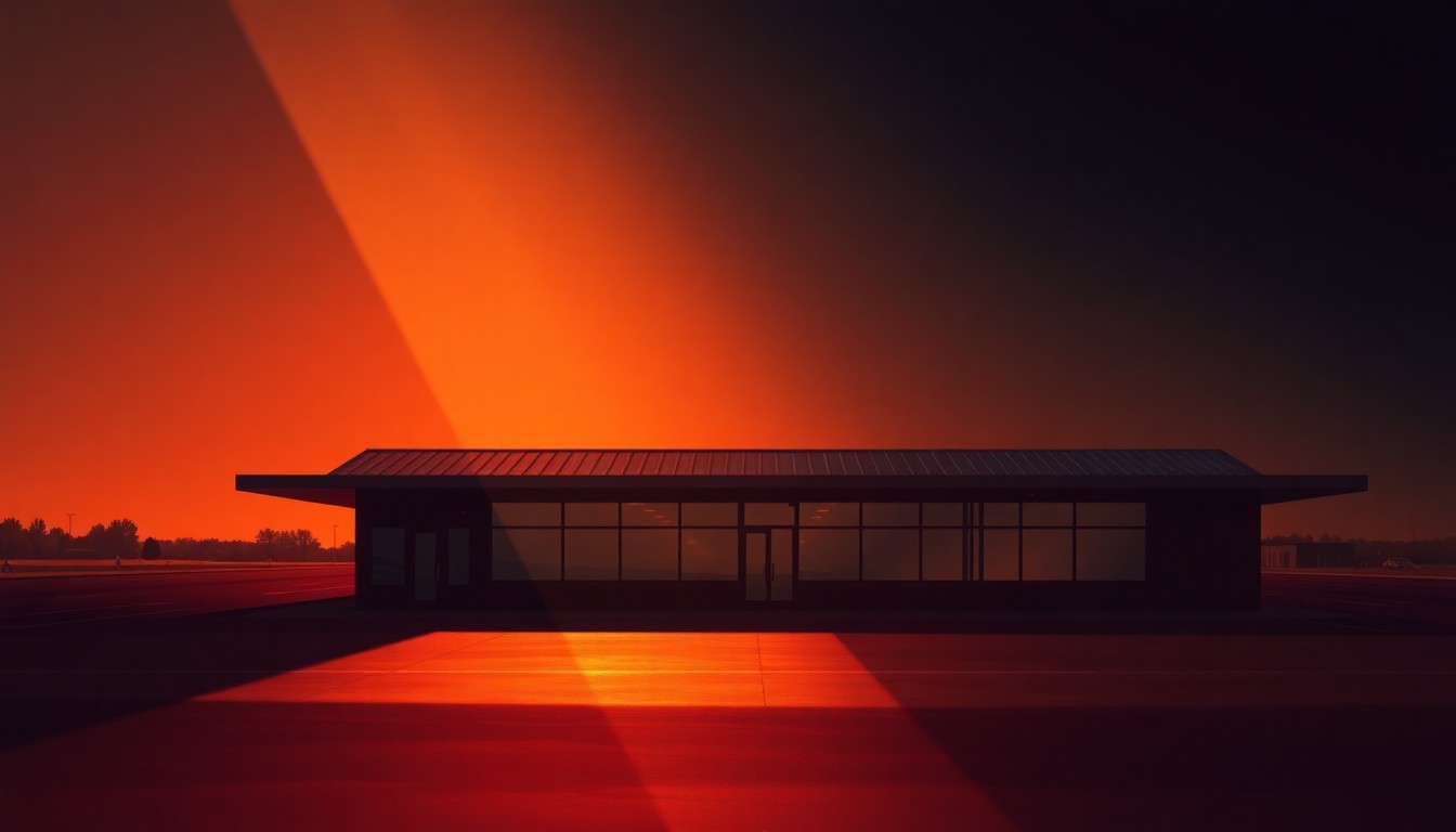A serene, cinematic painting depicting the empty terminal building of Burke Lakefront Airport, with warm sunlight streaming through the windows and deep shadows casting a contemplative mood over the scene, conveying the airport's isolation from the surrounding community.