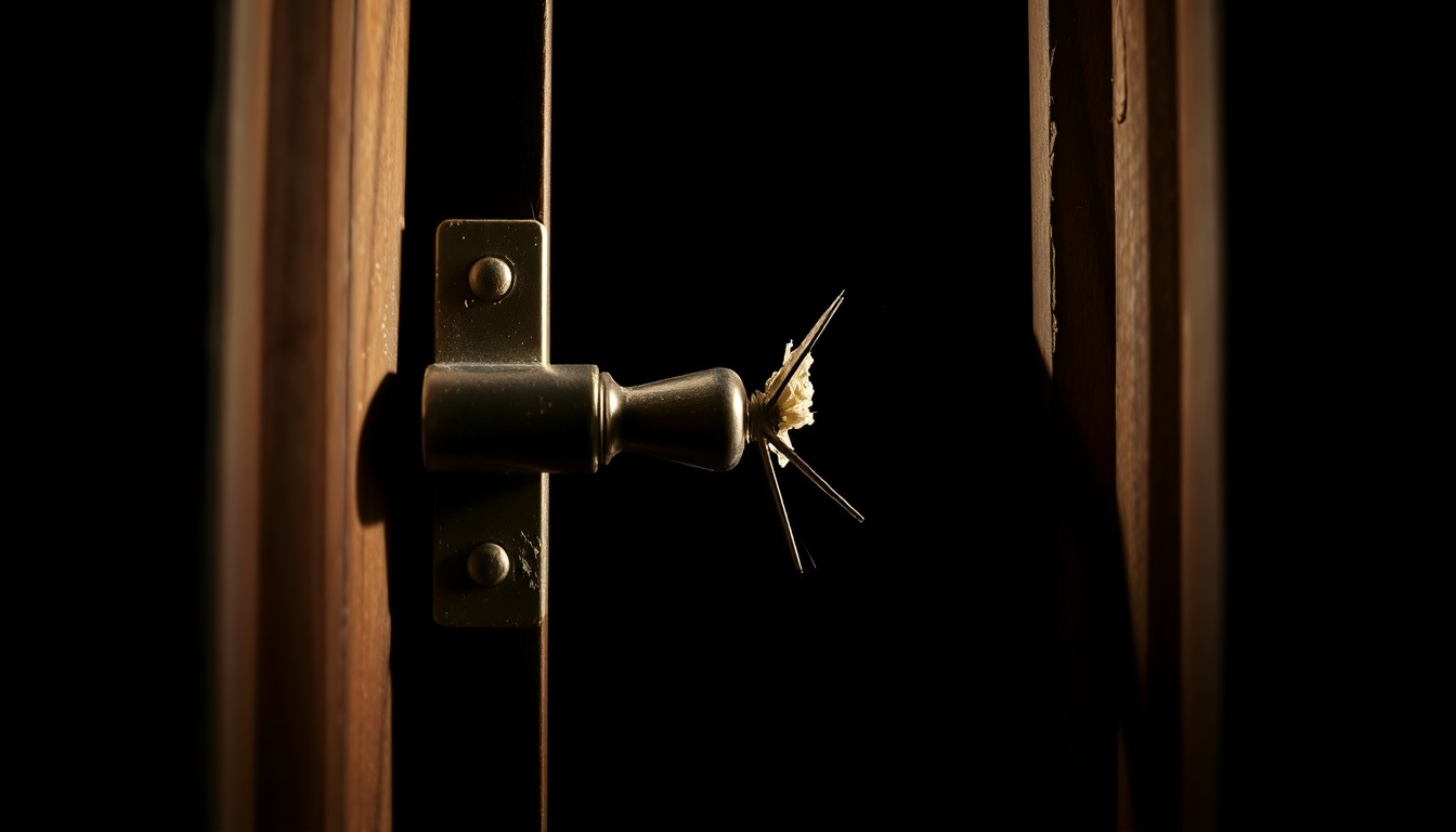 An extreme close-up of a damaged lock or door frame, captured in stark black and white with dramatic lighting, conveying the gritty aftermath of a violent home invasion.