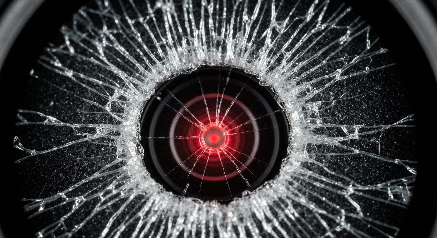 An extreme close-up of a shattered car sensor lens reflecting a faint red light, conceptually illustrating the vandalism of self-driving cars.