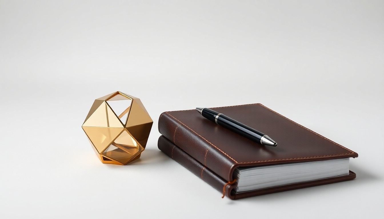 A photorealistic studio still life featuring a polished brass paperweight, a sleek black fountain pen, and a leather-bound journal arranged on a clean, monochromatic background, conceptually representing the abstract business and personal elements crucial for startup founders to navigate.