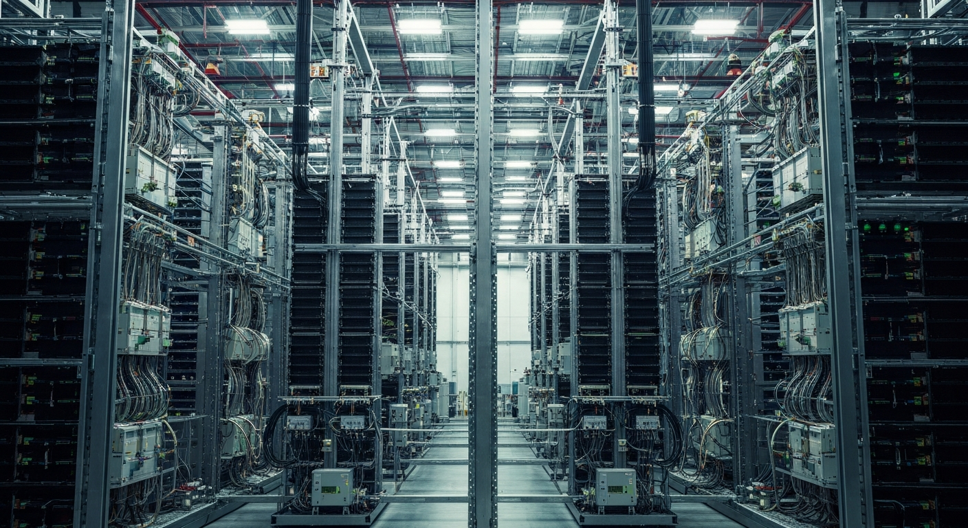 An extreme close-up of intricate, metallic industrial components and circuits, conceptually representing the complex power management technology at the heart of Monolithic Power Systems' products.