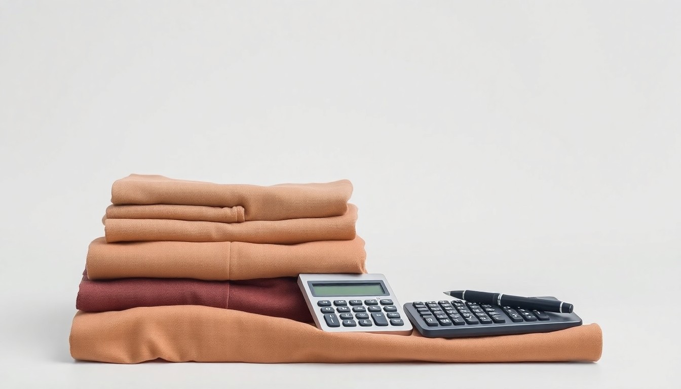 A photorealistic studio still life featuring a stack of neatly folded clothing, a calculator, and a pen on a clean, monochromatic background, symbolizing the business of retail apparel and finance.