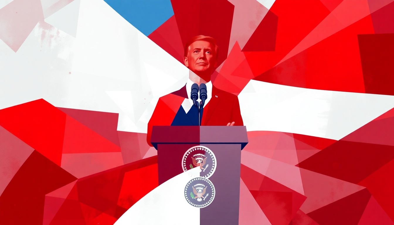 A dynamic, abstract painting featuring a presidential podium repeated in overlapping, geometric waves of red, white, and blue, conveying a sense of political turmoil and division.