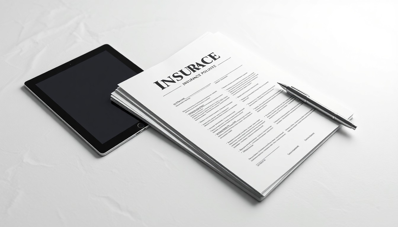 A photorealistic studio still life featuring a stack of insurance policy documents, a digital tablet, and a pen arranged on a clean, white background, representing the intersection of traditional insurance and modern digital transformation.