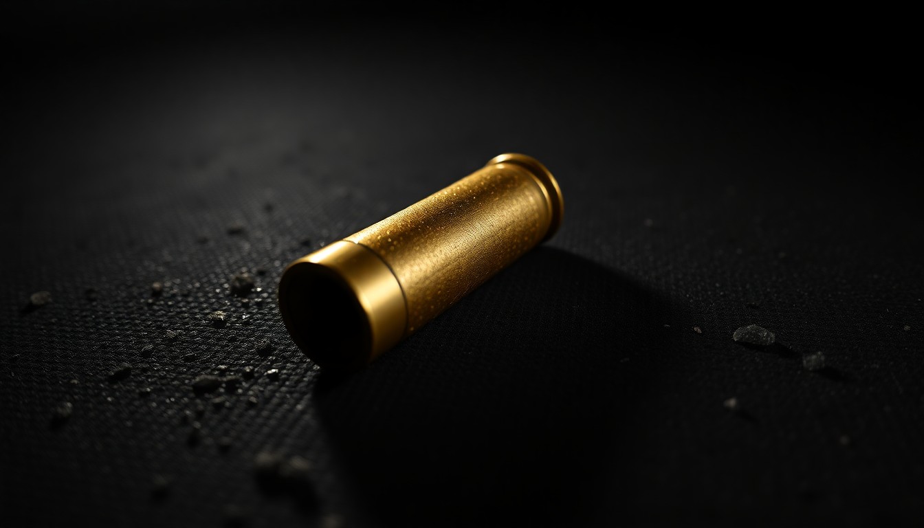 An extreme close-up photograph of a single spent shell casing on a dark, textured surface, lit by a harsh, direct camera flash, conceptually representing the evidence of a late-night shooting incident in Saline.