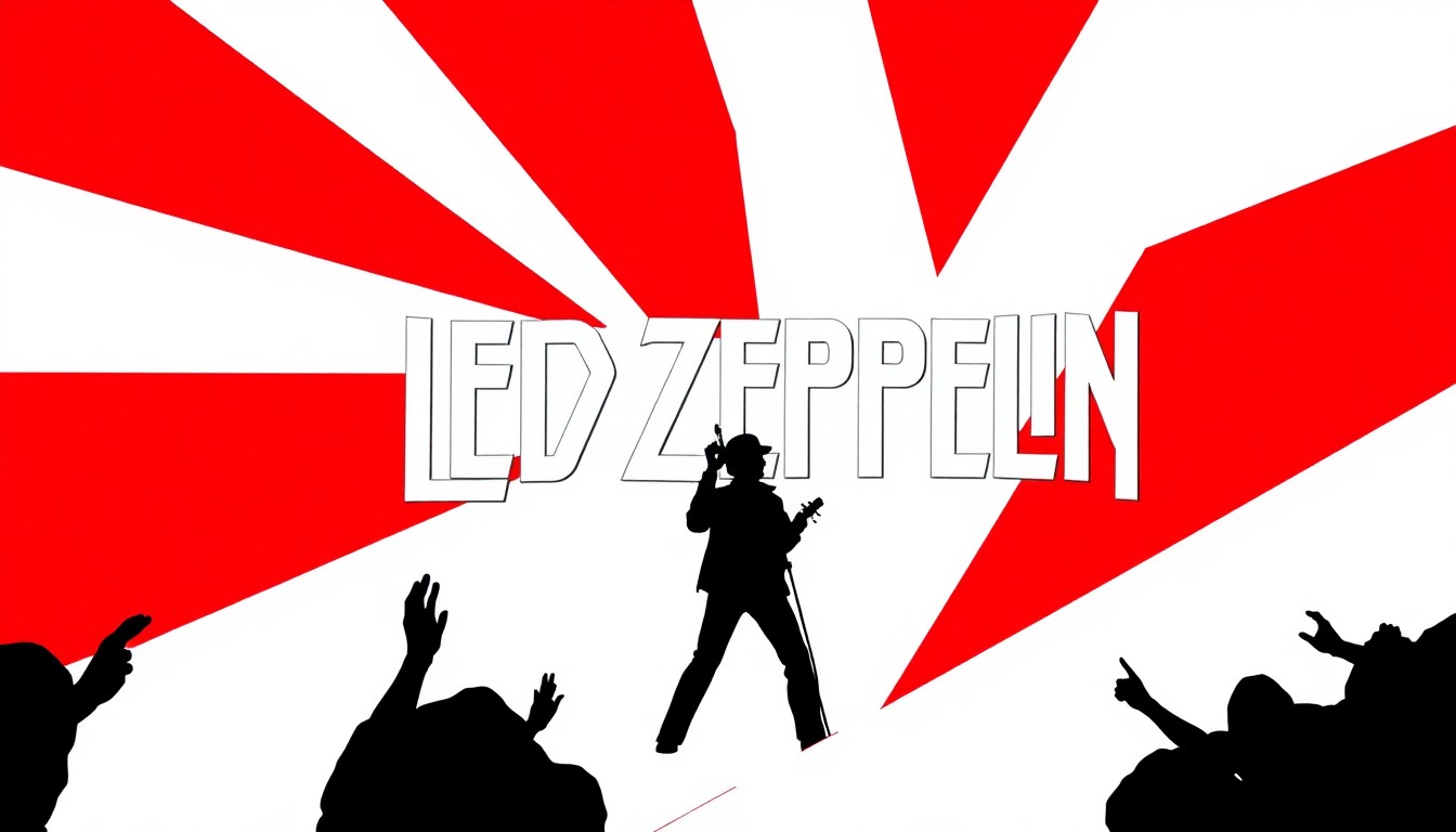 An abstract, minimalist illustration featuring bold, jagged shapes and silhouettes in high-contrast red and white, conceptually representing the energy and iconic imagery of a Led Zeppelin tribute concert.
