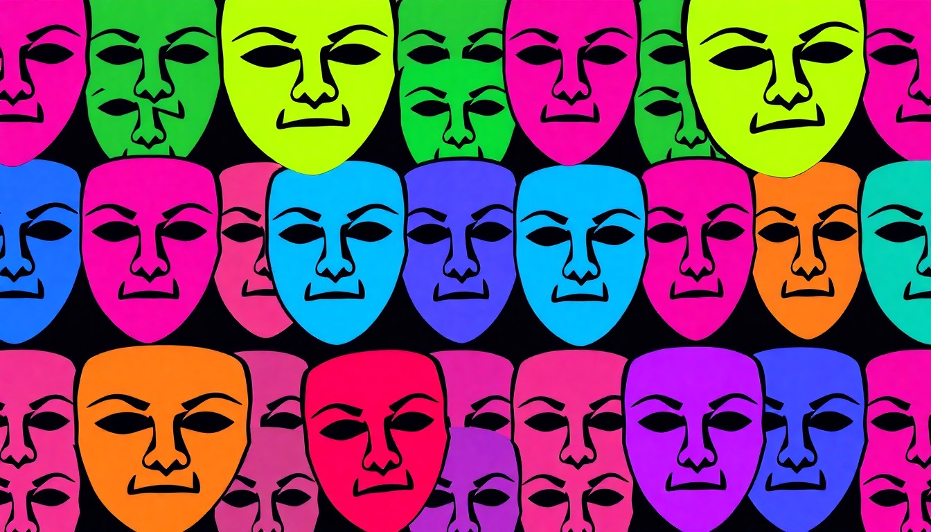 A bold, colorful silkscreen-style illustration featuring a repeating grid of stylized theater masks in bright neon shades, conceptually representing the vibrant energy and community spirit of a high school musical performance.