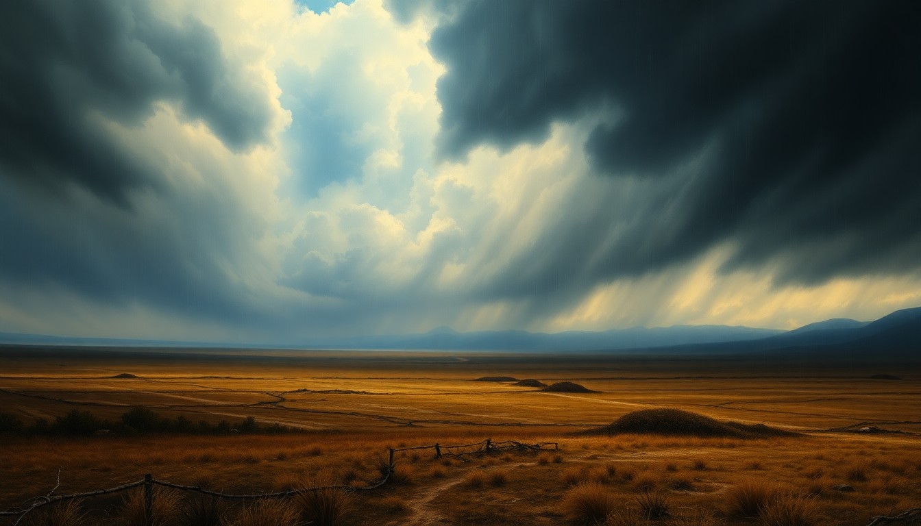 A vast, atmospheric landscape painting in muted tones of gray, blue, and green, depicting a stormy, rain-swept sky over a desolate, windswept field, conveying the overwhelming, sublime scale of the natural world.