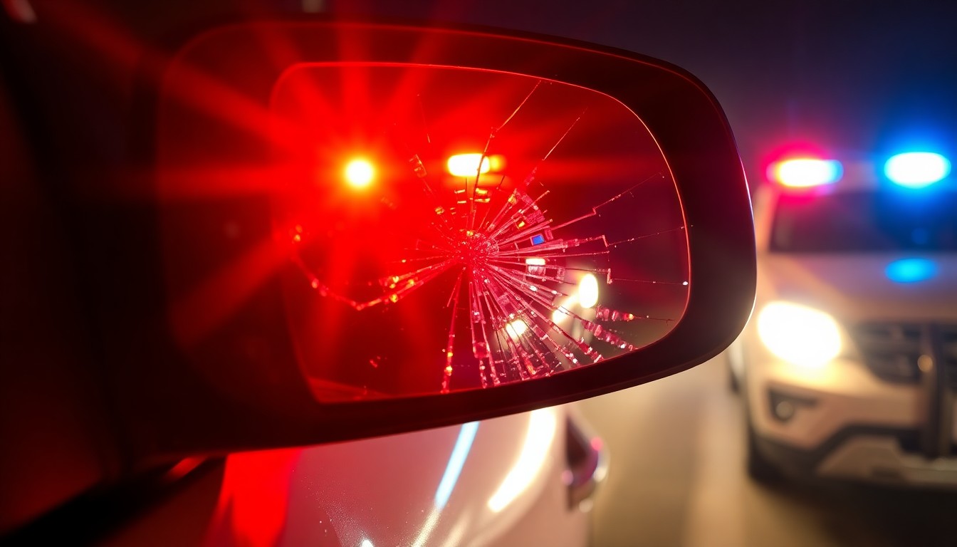 An extreme close-up photograph of a shattered car side mirror reflecting the flashing lights of a police vehicle, conceptually illustrating the aftermath of a hit-and-run DWI incident.