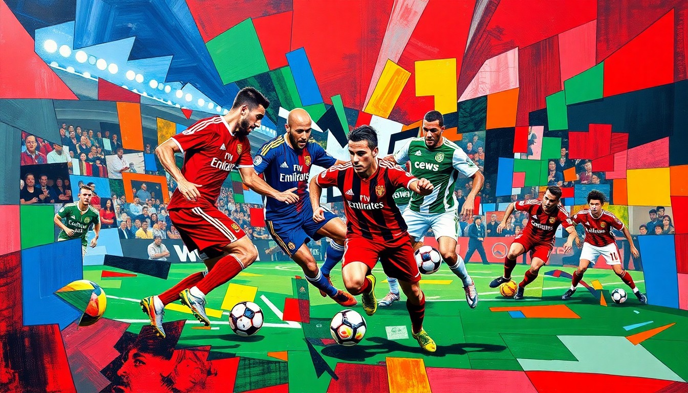 A fragmented, geometric painting depicting the dynamic movements and clashing forces of a soccer match, with players' forms broken down into sharp, overlapping planes of color.