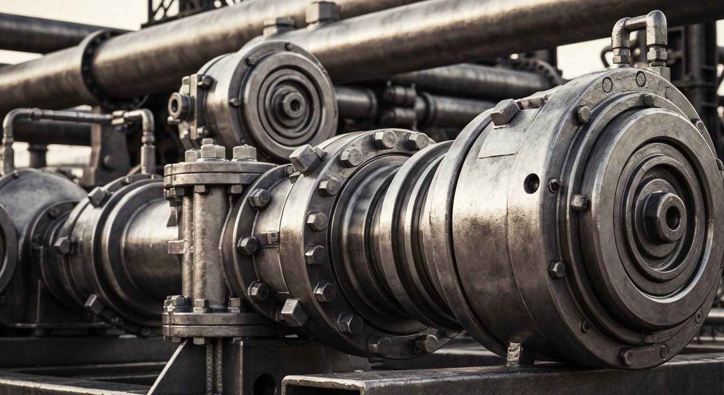 An extreme close-up of the intricate gears, valves, and pipes of heavy industrial machinery used in oil and gas production, conveying a sense of the complex, powerful technology that powers the energy sector.