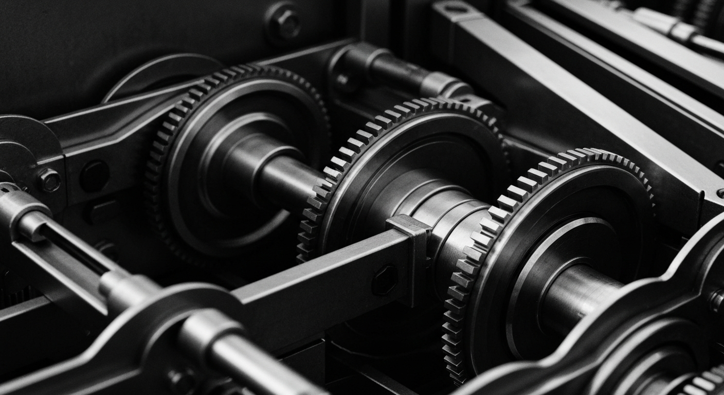 An extreme close-up of the complex, interlocking metal components of a Visa payment processing machine, rendered in high-contrast black and white to convey the industrial scale and power of the company's financial infrastructure.