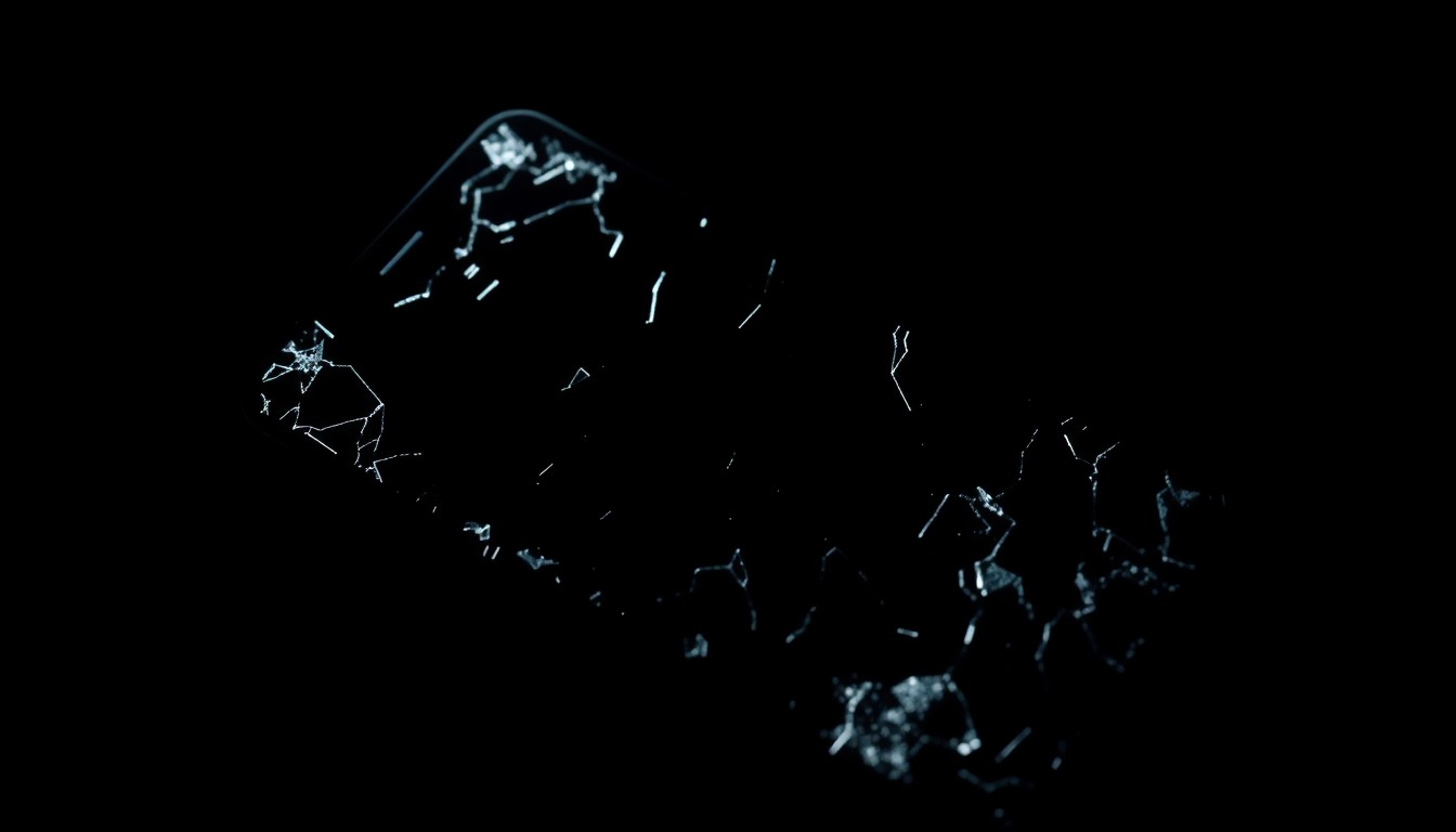 An extreme close-up of a shattered cell phone screen, the harsh lighting and dramatic shadows conveying a sense of tension and urgency surrounding the evidence in this high-profile case.