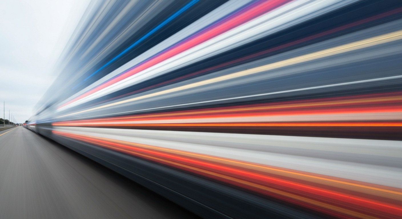 An abstract, colorful image of a vehicle in motion, blurred into sweeping streaks that convey the speed and disruption of the upcoming highway detours in Lakeland.