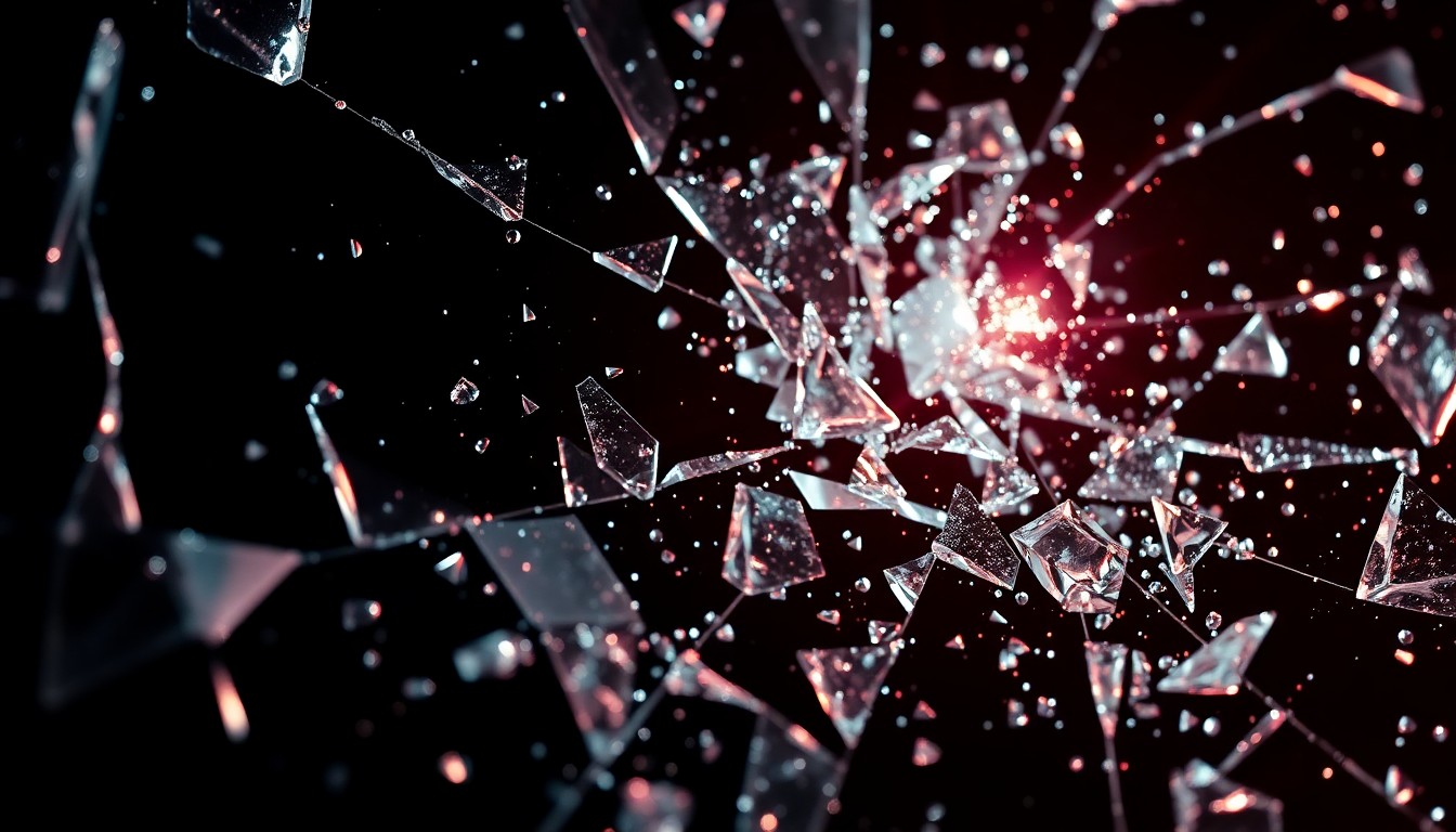 An extreme close-up photograph of shattered glass and glittering shards, conceptually representing the fractured and damaged nature of the Jessica Jones character.