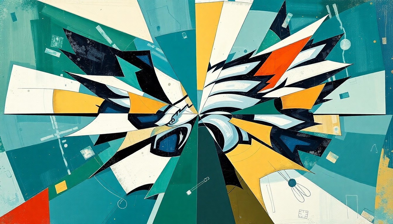 A cubist, geometric painting depicting the Philadelphia Eagles' NFL Draft strategy, with sharp, overlapping planes and shapes representing the team's decision-making process and roster construction.
