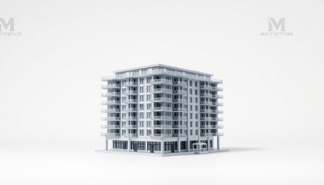 A minimalist, photorealistic studio still-life image featuring a sleek, modern model of a multi-story apartment building in shades of grey and silver, floating on a clean white background. The building's polished metal and glass construction conveys a sense of luxury and modernity, representing the new Bluffs development in Clearwater.