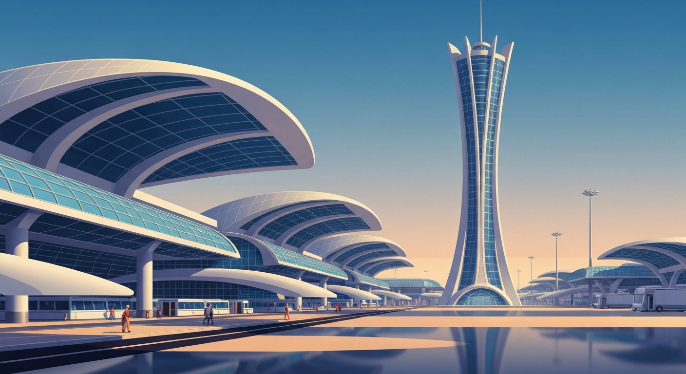 A highly stylized, geometric illustration depicting the grand scale and sweeping architecture of a modern airport, rendered in bold, airbrushed gradients of blues, grays, and whites, capturing the conceptual idea of a 'frictionless' travel experience.