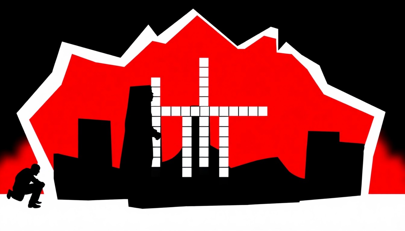 A striking abstract illustration featuring bold, jagged black silhouettes and high-contrast solid colors, conceptually representing the LA Times Crossword puzzle.