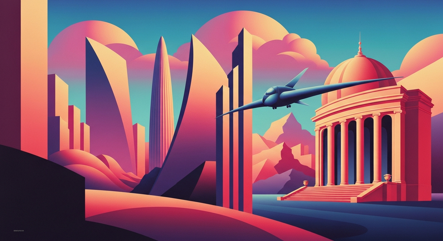 A highly stylized, geometric illustration featuring sweeping, smooth gradients in shades of blue and orange, with a towering, streamlined aircraft silhouette in the background, conceptually representing the grand scale and romance of air travel.