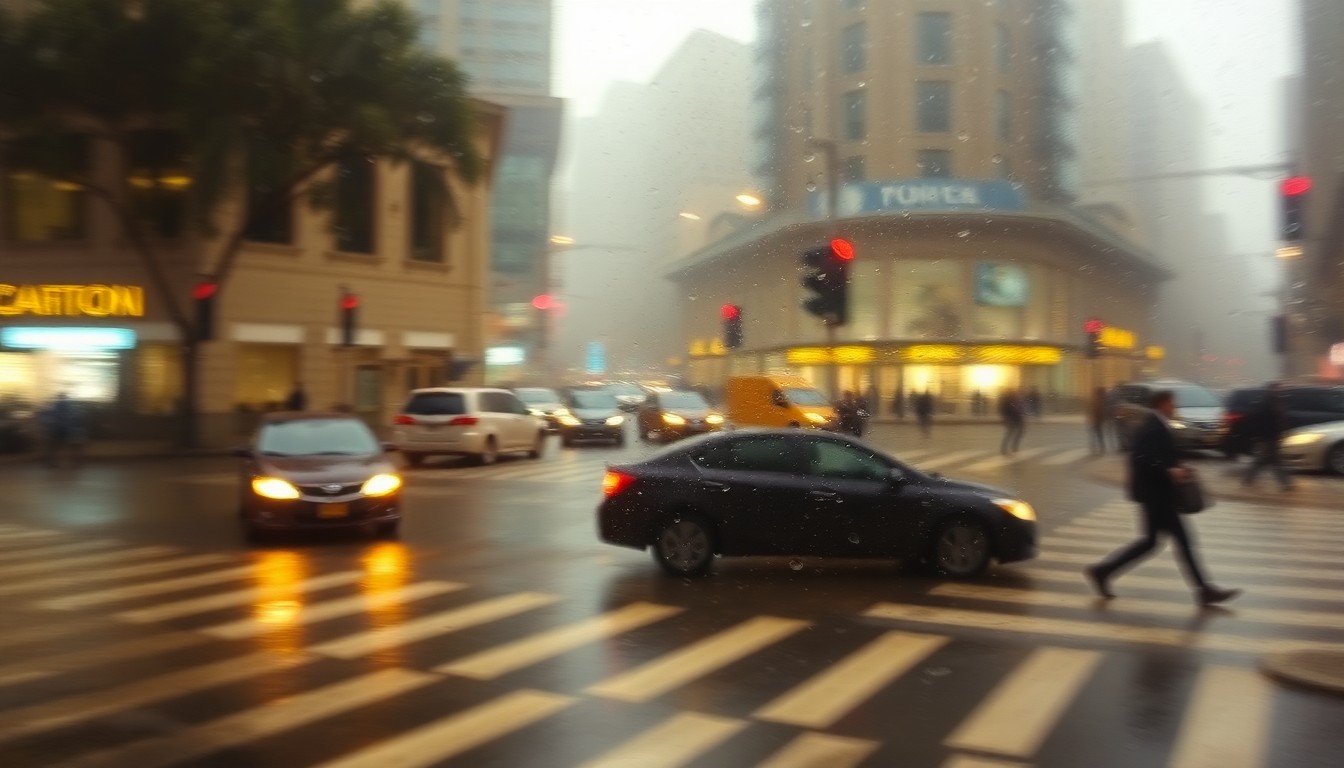 An abstract, impressionistic photograph showing the blurred outlines of cars and pedestrians moving through a hazy, rain-streaked urban intersection, conveying a sense of disruption and uncertainty.