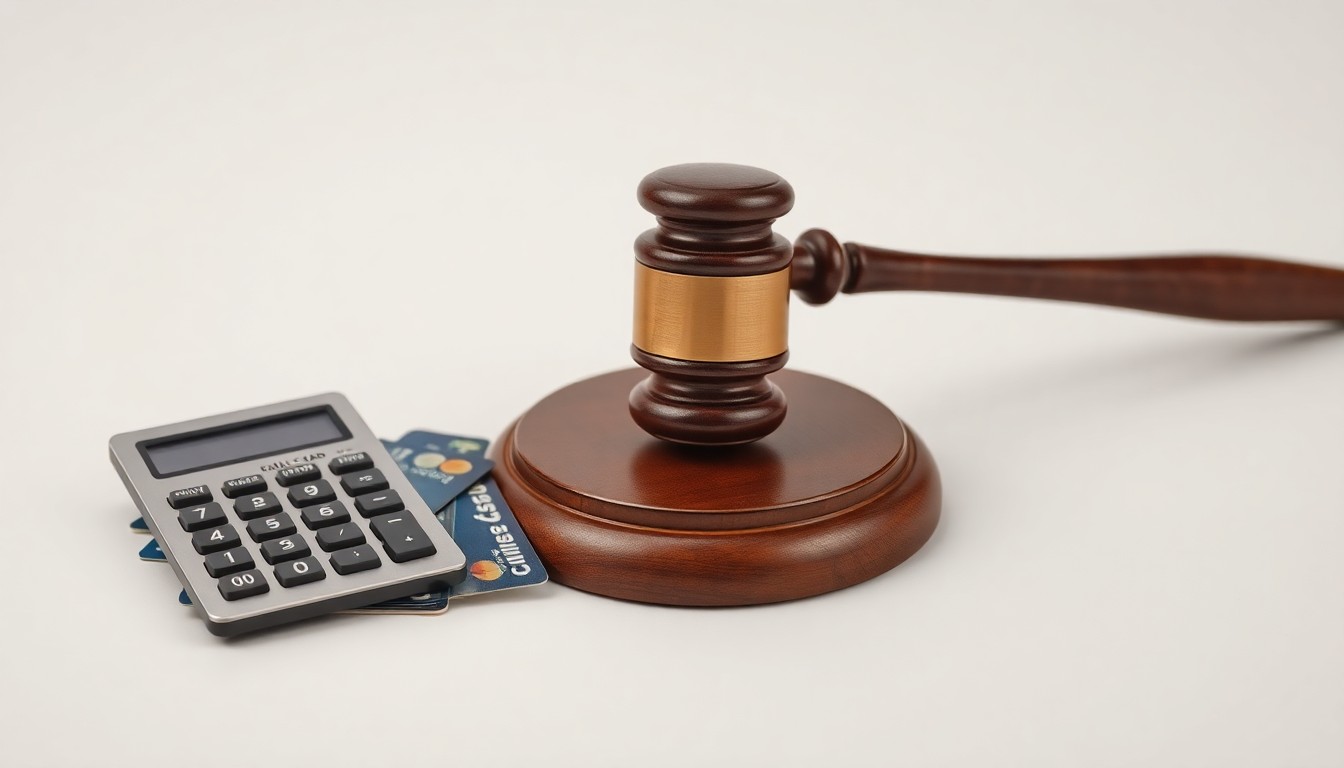 A photorealistic studio still-life image featuring a stack of credit cards, a calculator, and a gavel on a clean, monochromatic background, symbolizing the themes of financial oversight and accountability in government.