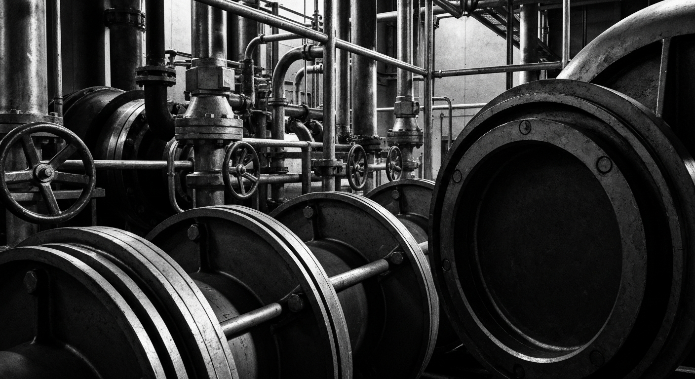 A high-contrast, black and white close-up image of the inner workings of a modern water treatment facility, capturing the complex, heavy-duty engineering and technology that enables Xylem's water solutions.
