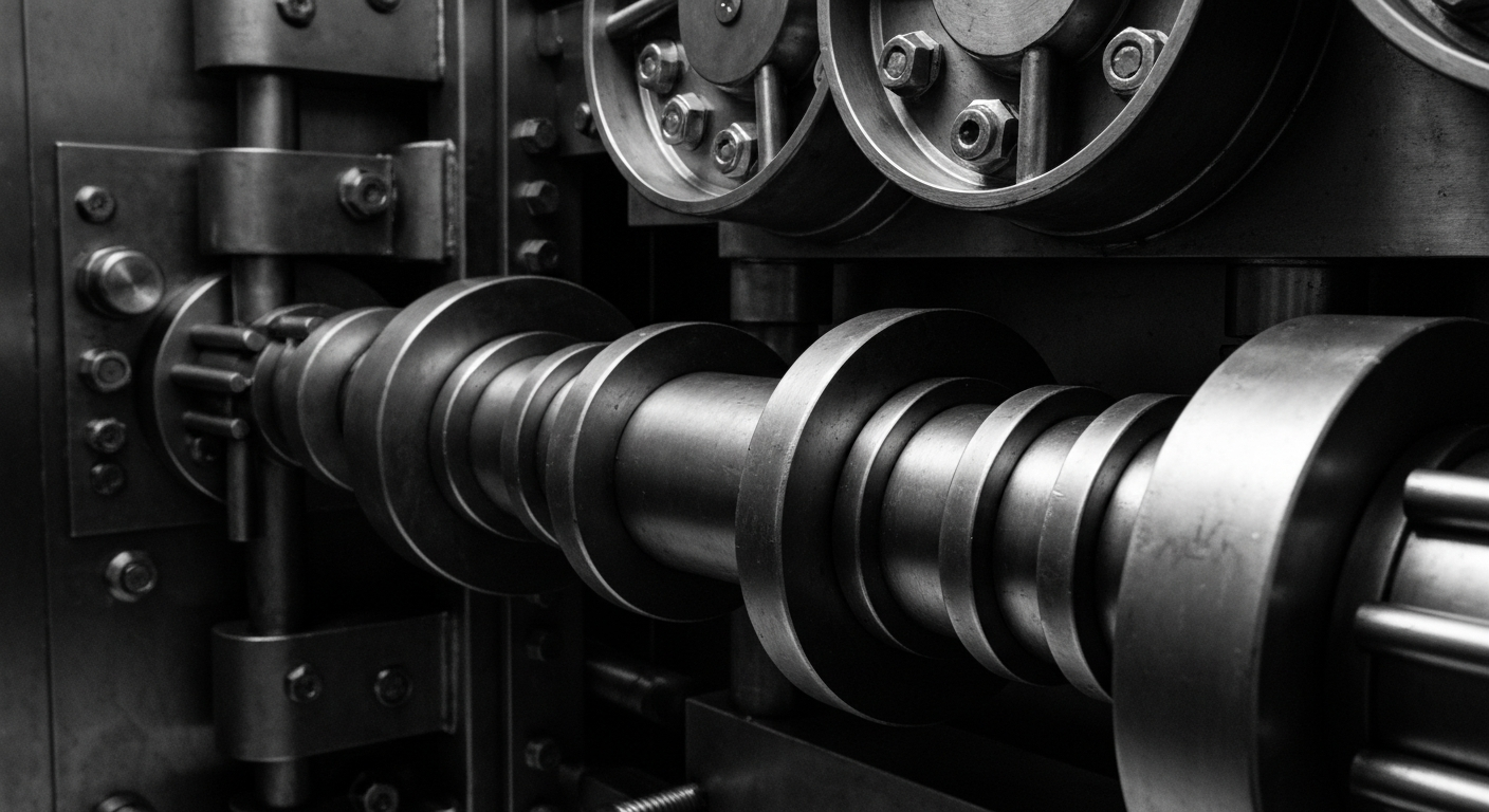 A high-contrast, close-up photograph of the heavy, industrial mechanisms and gears inside a bank vault, conveying a sense of financial security and institutional power without using any literal currency or financial symbols.