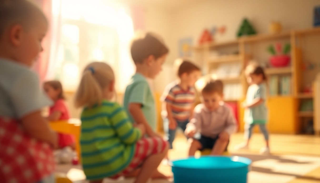 An extremely abstracted, out-of-focus photograph of children playing in a daycare setting, with soft pools of warm color and light creating a hazy, dreamlike atmosphere.