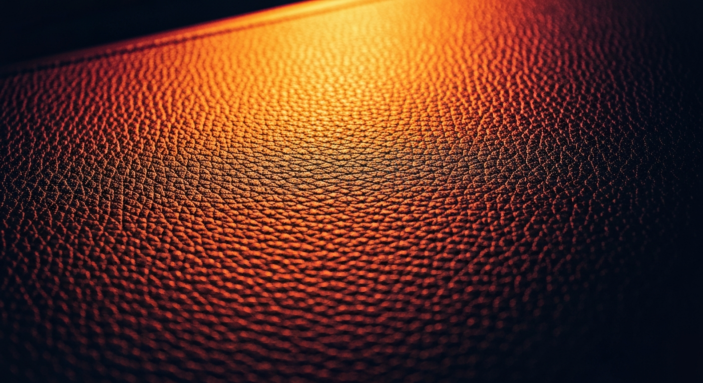 An extreme close-up of the textured leather interior of a Lexus ES F Sport, with the rich, pebbled surface reflecting the warm, vibrant colors of the cabin, conceptually illustrating the premium materials and attention to detail that define the Lexus driving experience.