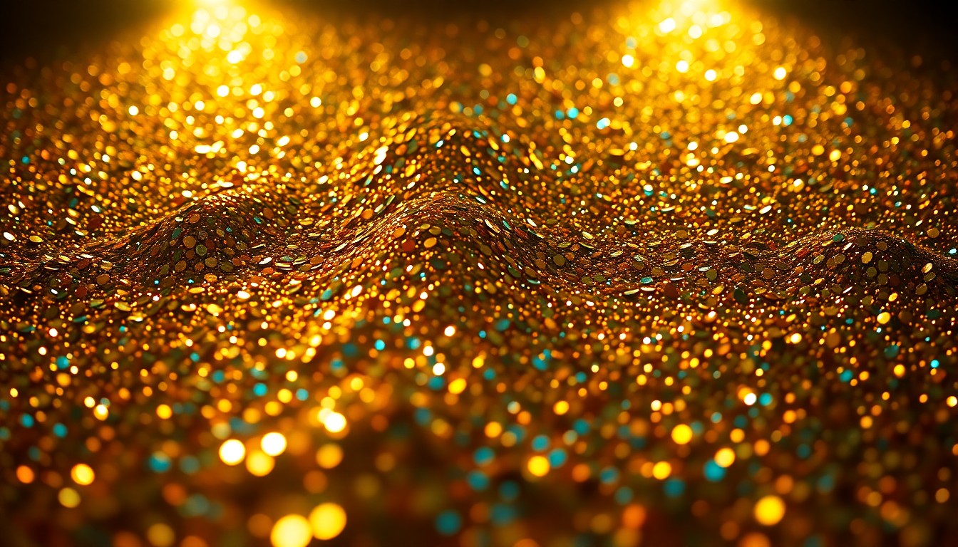 An abstract close-up photograph of shimmering, glittering sequins in dramatic, high-contrast studio lighting, conceptually representing the glamour and energy of a major music festival performance.