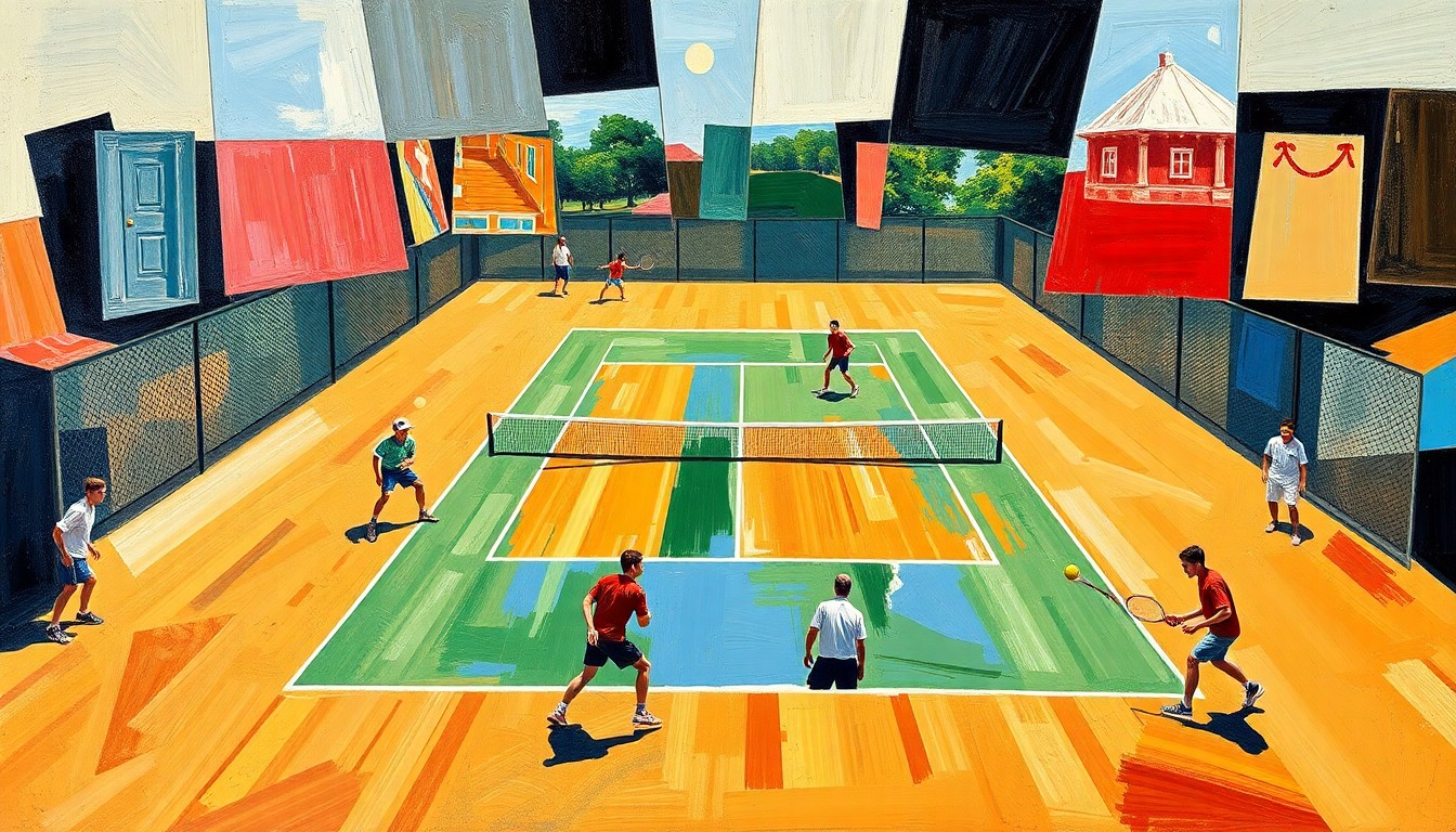 A vibrant, cubist-style painting depicting a high school tennis match, with the players and court deconstructed into sharp, overlapping geometric shapes and planes, capturing the raw energy and movement of the sport.