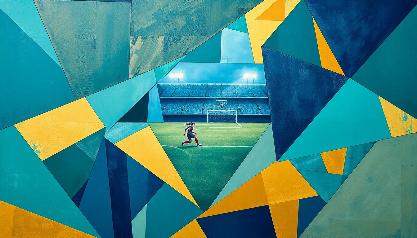 A cubist, geometric painting depicting the action and movement of a women's soccer match, with overlapping planes of teal, navy, and gold.
