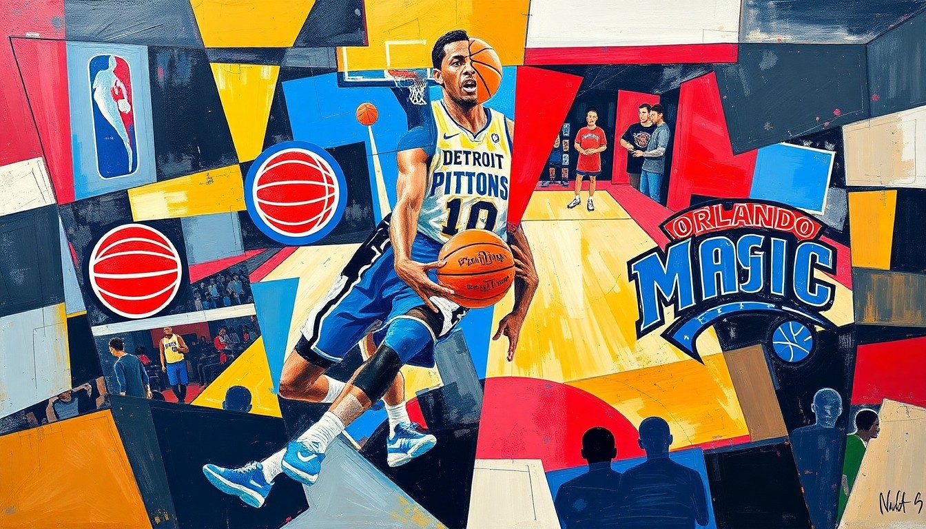 A cubist, geometric painting depicting the intense physicality of a basketball game, with players' bodies and the ball broken down into sharp, overlapping shapes and planes of color.