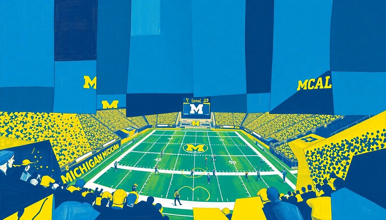 A cubist, geometric painting in shades of blue and yellow, depicting a fragmented and abstract view of a football game, representing the struggles of the Michigan quarterback.