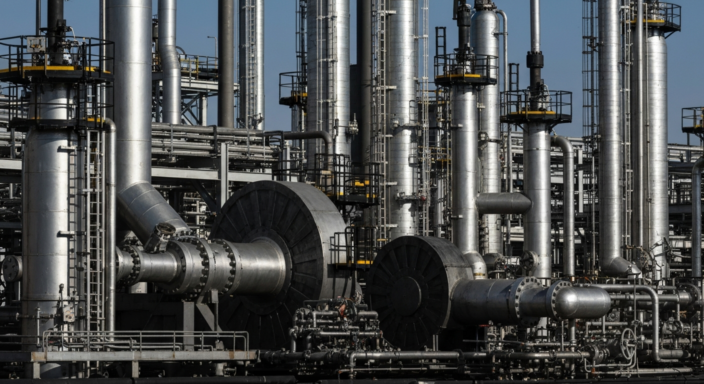 An extreme close-up of heavy, industrial oil refinery equipment and machinery in shades of grey, black, and silver, conceptually representing the tangible assets and infrastructure of a major energy company.