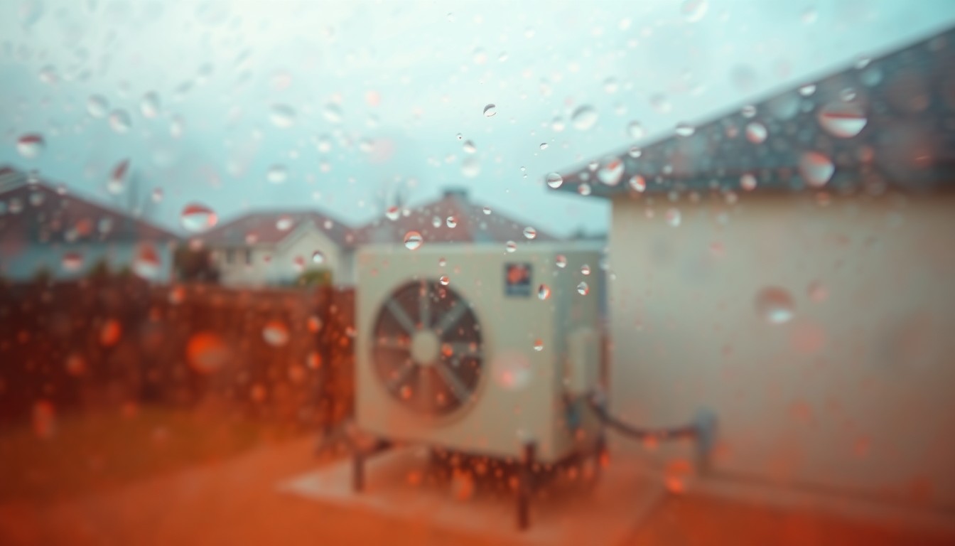 An abstract, hazy image of a residential HVAC unit surrounded by blurred greenery, conveying the concept of preparing home cooling systems for the changing seasons.