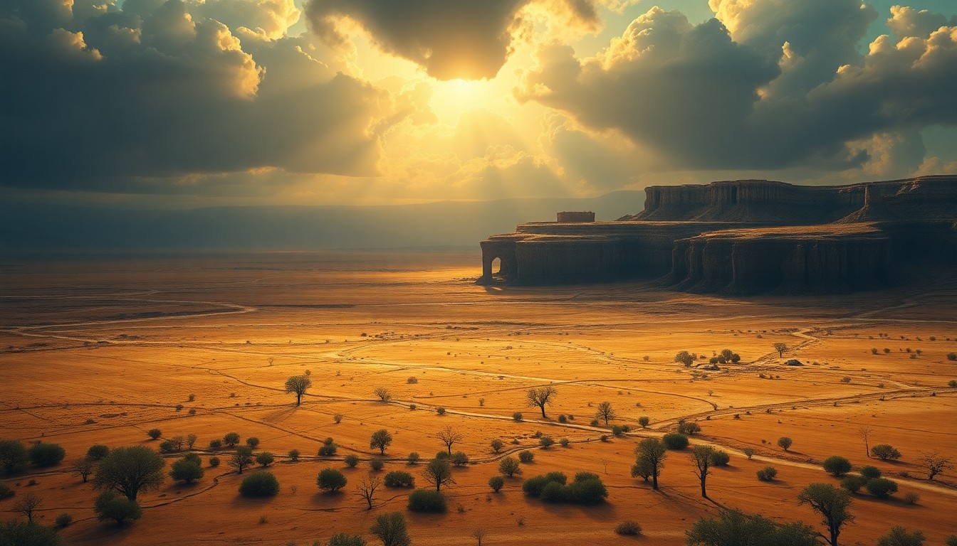 A vast, atmospheric landscape painting in muted earth tones, with a distant horizon line and a dramatic, hazy sky conveying the overwhelming scale and environmental stress of a severe drought.