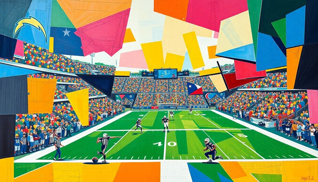 A fractured, geometric painting in vibrant blue, gold, and white hues, capturing the dynamic movement and intensity of a football game or match.