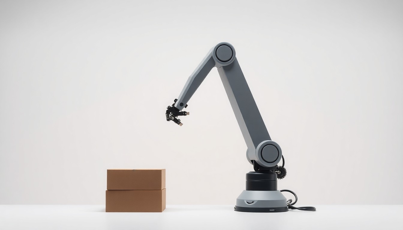 A photorealistic studio still-life image of a sleek, silver robotic arm against a plain, white background, representing the technological upgrades being made to an Amazon facility.