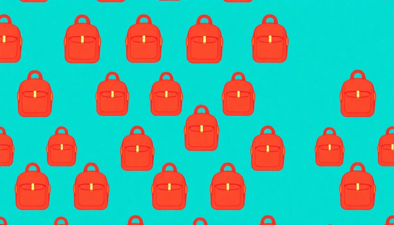 A vibrant, pop art-inspired illustration featuring a repeating grid of stylized backpack icons in bold, neon colors, conceptually representing the improved attendance rates at Tulsa high schools.