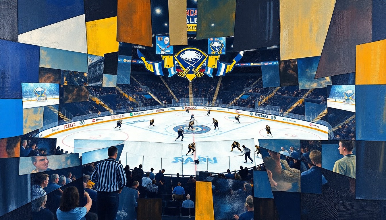 A cubist, geometric painting depicting a hockey game between the Buffalo Sabres and Boston Bruins, with the players and action broken down into sharp, overlapping shapes and planes of color.