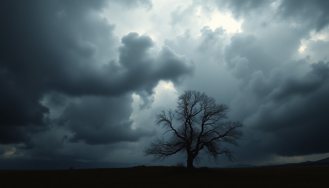 A sweeping, dramatic landscape painting featuring a lone tree silhouetted against a stormy, overcast sky, conveying the impending weather system and its impact on the local environment.