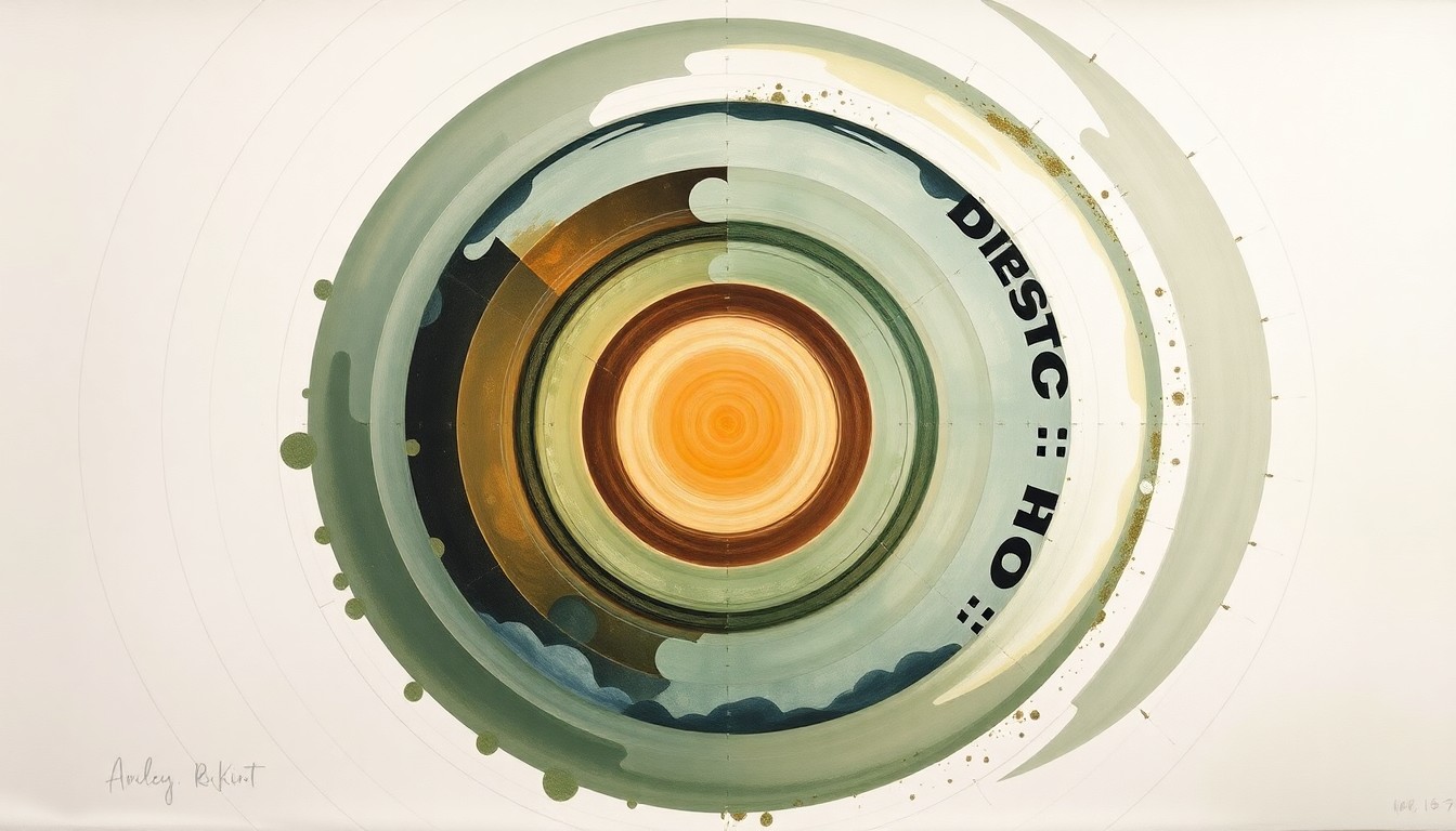 A bold, abstract painting in soft, earthy tones of green, brown, and blue, featuring sweeping geometric arcs, concentric circles, and precise botanical spirals, conceptually representing the structural order and fragility of the natural world in the face of climate change.