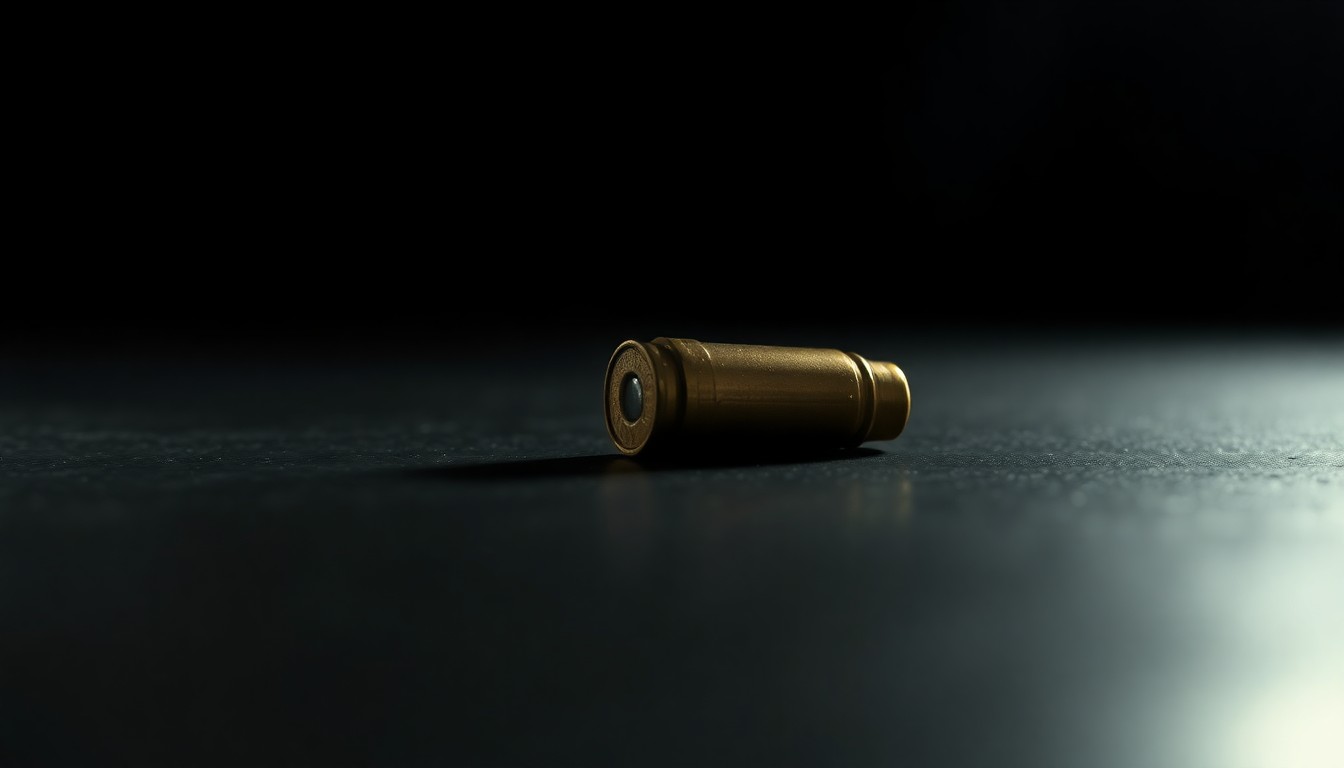 An extreme close-up photograph of a spent bullet casing on a dark surface, lit by a harsh, direct camera flash, conceptually illustrating the aftermath of a shooting incident.