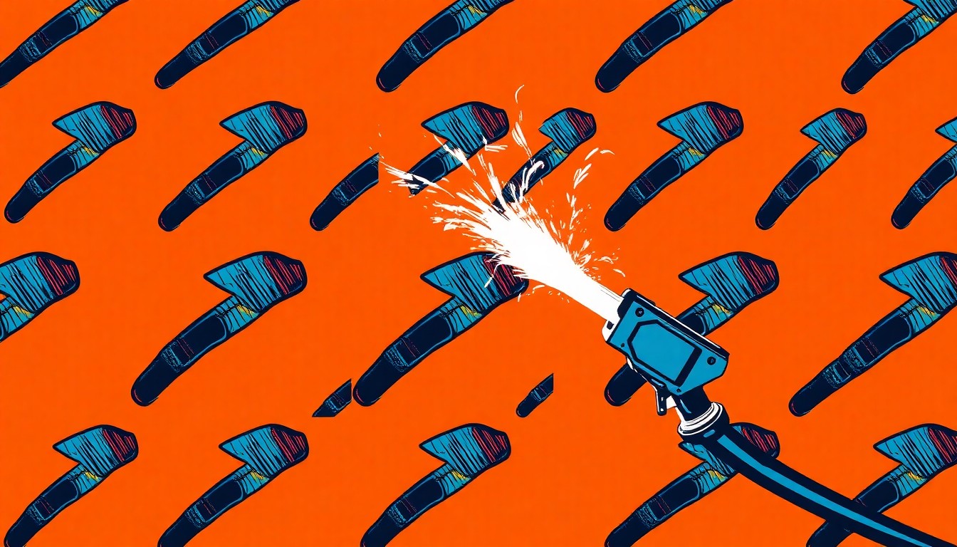 A bold, colorful silkscreen-style illustration featuring a welding torch repeated in a grid pattern, representing the skilled trades and the importance of vocational education.