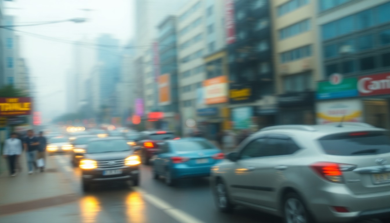 An abstract, impressionistic scene of a busy urban street, with blurred shapes of cars and pedestrians visible through a hazy, out-of-focus lens, conveying the sense of disruption and inconvenience caused by the upcoming pipeline construction work.