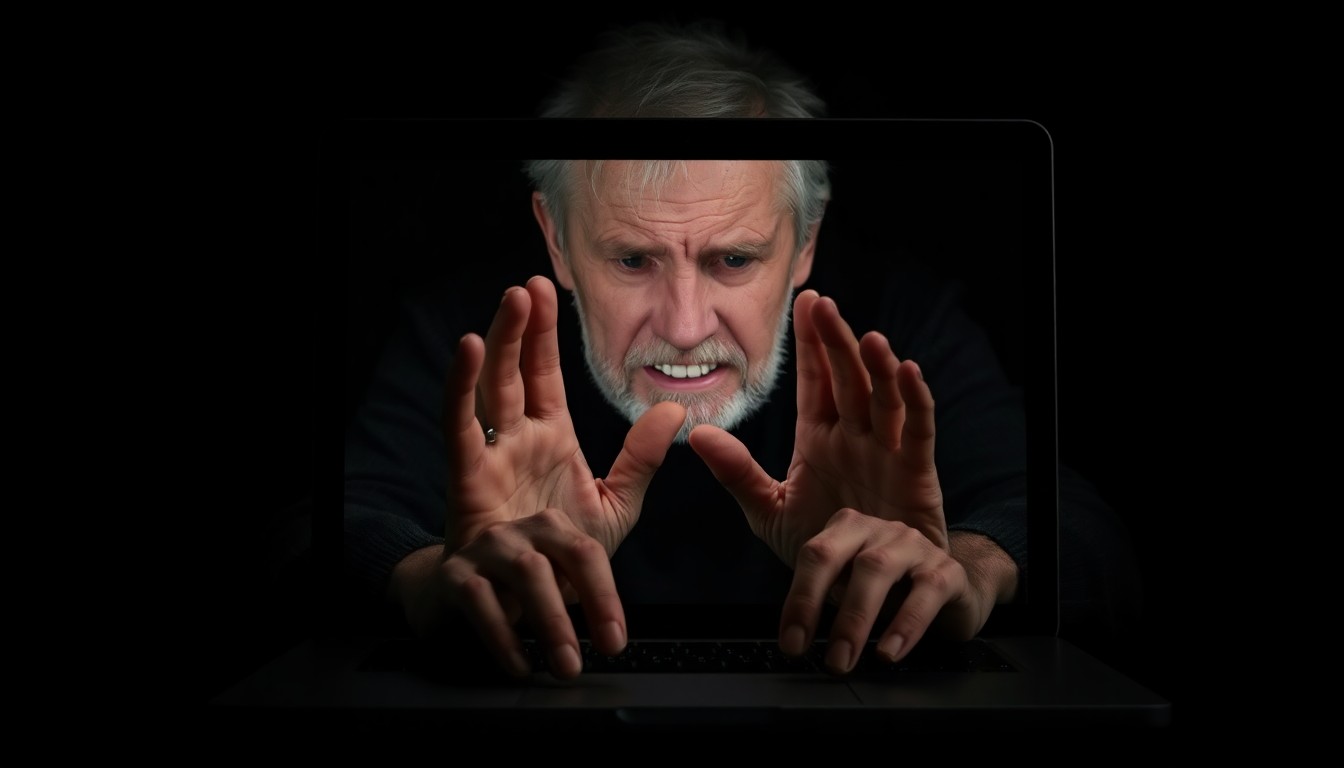An extreme close-up photograph of an older man's hands on a laptop keyboard, lit by a stark, direct camera flash against a dark background, conceptually illustrating the devastating impact of an online investment scam.