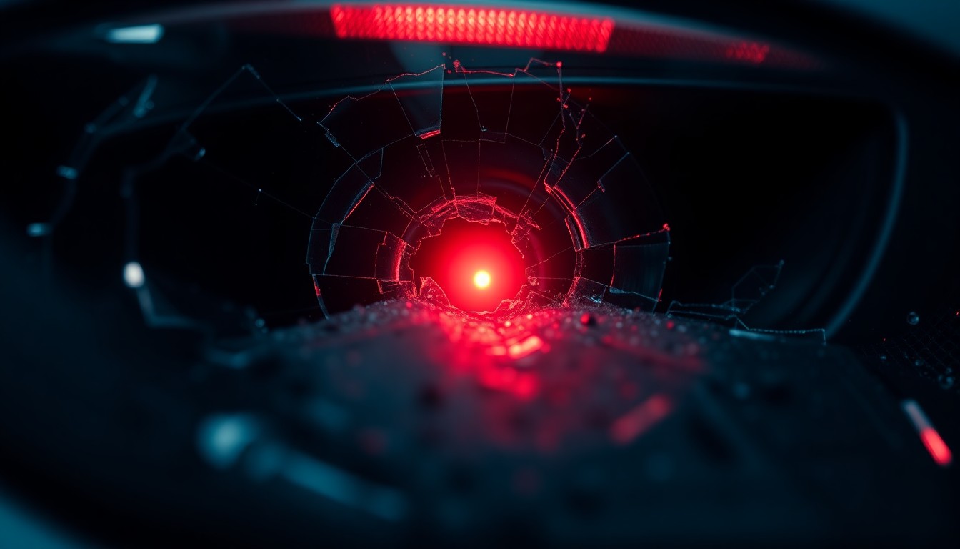 An extreme close-up of a shattered car sensor lens reflecting a faint red light, conceptually illustrating the vandalism of self-driving cars.